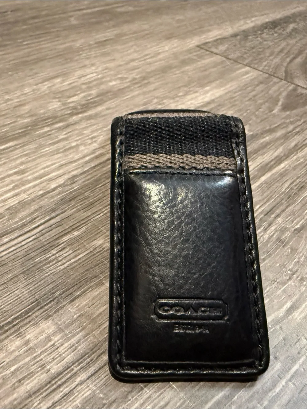Coach Black Leather Money Clip with Signature Canvas Accent